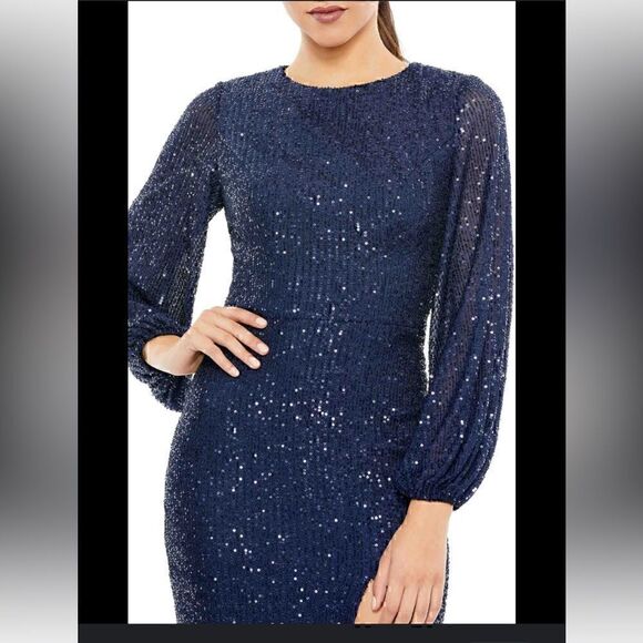 NWT Mac Duggal Midnight Blue “Sequined Puff Sleeve High Neck Dress 18 - Picture 2 of 8